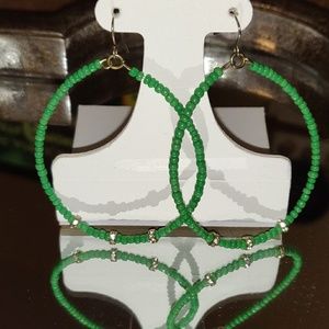 Green Teardrop Beaded & Silvertone Accents Hoops